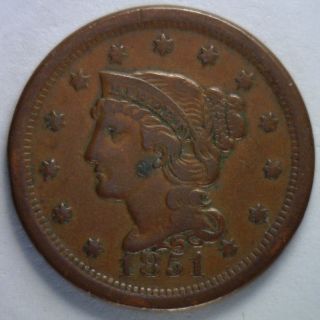 1851 Braided Hair Liberty Head Large Cent Us Copper Type Coin F1 photo