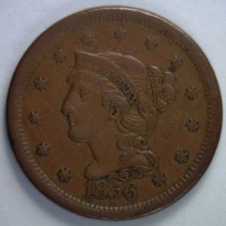 1856 Braided Hair Liberty Head Large Cent Slant 5 Us Copper Type Coin Vf1 photo