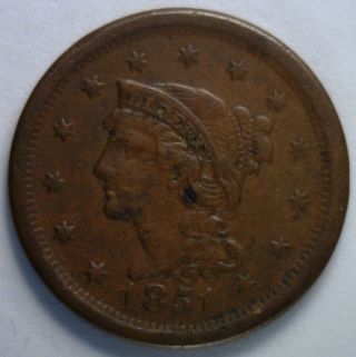 1851 Braided Hair Liberty Head Large Cent Us Copper Type Coin Vf2 photo