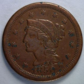 1850 Braided Hair Liberty Head Large Cent Us Copper Type Coin Vf photo
