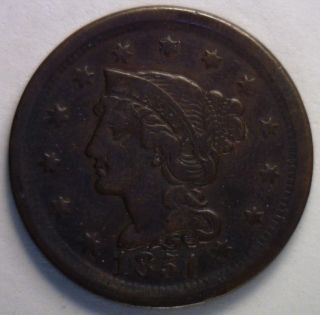 1851 Braided Hair Liberty Head Large Cent Us Copper Type Coin Vf3 photo