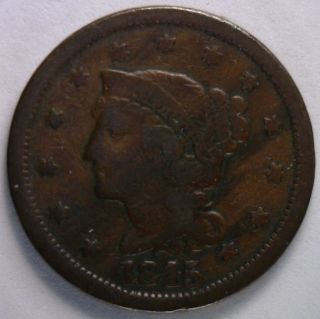 1845 Braided Hair Liberty Head Large Cent Us Copper Type Coin Vg2 photo