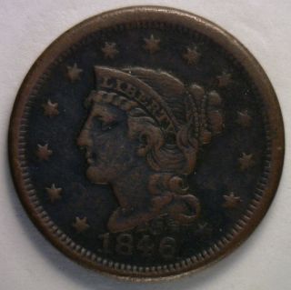 1846 Braided Hair Liberty Head Large Cent Us Copper Type Coin Vf photo