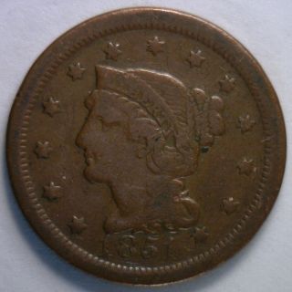 1851 Braided Hair Liberty Head Large Cent Us Copper Type Coin F2 photo
