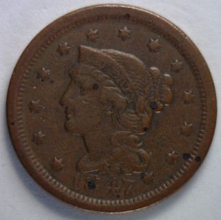 1847 Braided Hair Liberty Head Large Cent Us Copper Type Coin Vf photo