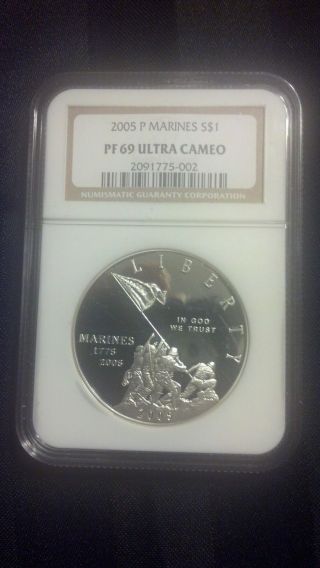 2005 - P Us Marine Corps Commemorative Silver Dollar - Ngc Pr69 photo
