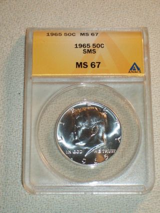 1965 Sms Silver Kennedy Half Dollar Anacs Ms67 photo