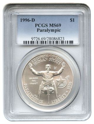 1996 - D Paralympics Wheelchair $1 Pcgs Ms69 Modern Commemorative Silver Dollar photo