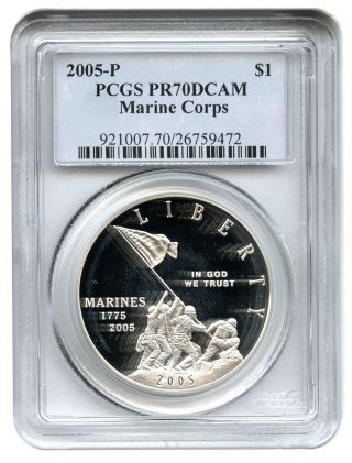 2005 - P Marine Corps $1 Pcgs Proof 70 Dcam Modern Commemorative Silver Dollar photo