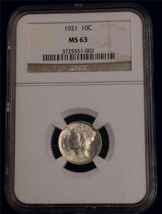 Rare 1921 P Mercury Dime Key Date Ngc Ms63 Full Bands photo