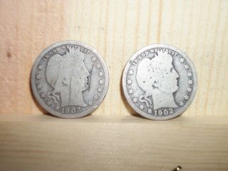 Two 1902 Silver Barber Quarters (25¢) photo