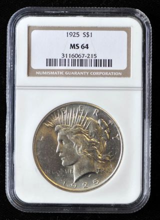 1925 Silver Peace Dollar Graded By Ngc Ms64 $1 photo