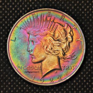 1922 P Peace Silver Dollar Rainbow Toned Cartwheel Luster Au+ photo