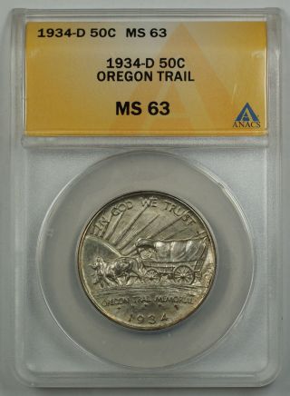 1934 - D Oregon Trail Commemorative Silver Half Dollar Coin Anacs Ms 63 Scarce photo