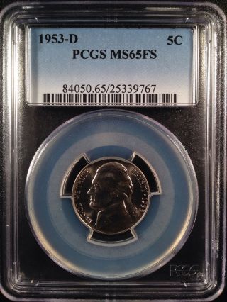 1953 - D Jefferson Nickel Five Cent Pcgs Ms65fs  25339767 photo