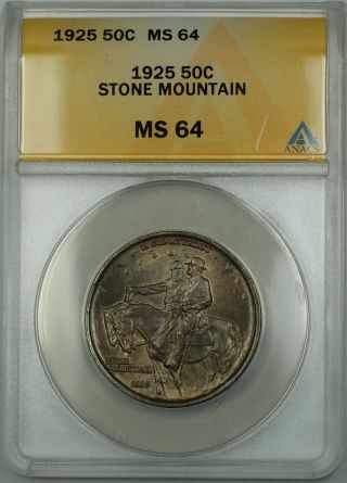 1925 Stone Mountain Commemorative Silver Half Dollar 50c Coin Anacs Ms - 64 Toned photo