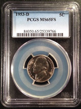1953 - D Jefferson Nickel Five Cent Pcgs Ms65fs  25339766 photo
