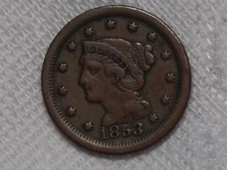 1853 Large Cent Braided Hair,  Vf photo