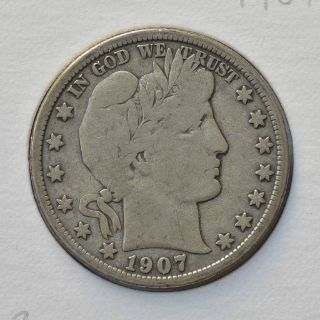 1907 - D 50c Barber Half Dollar (90% Silver Coin) - Fine (12) photo