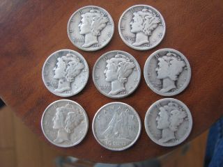1canadian (1959) And 7 Mercury Dimes - 1919 - ?,  1934,  40,  42,  45 - (3) photo