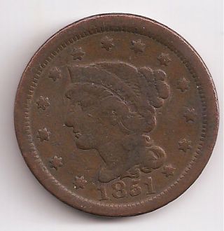 1851 Large Cent N - 20,  R - 3,  Vg - 8,  Copper Business Strike photo