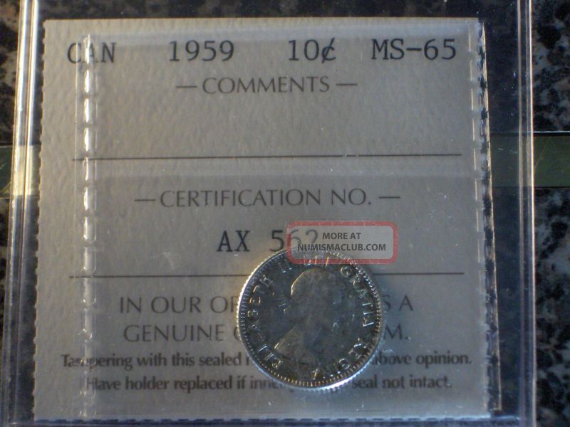 1959 Canada 10 Cents Iccs Ms - 65 Coins: Canada photo
