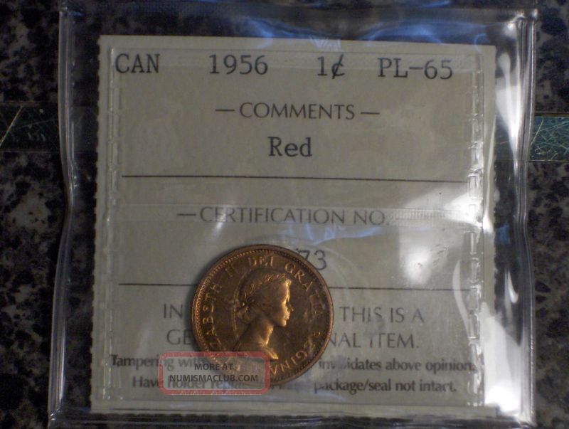 1956 Canada One Cents Canada Pl 65 Red Iccs Coins: Canada photo