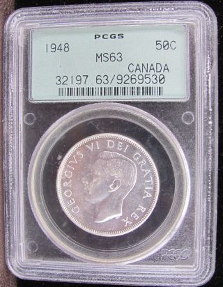 1948 Pcgs Ms - 63 Canada 50 - Cent (half Dollar) Coin (1) ; 0.  30ozt Asw; Ultra - Rare photo