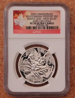 2013 Canada Piedfort S$5 Maple Leaf High Relief 25th Ann.  Early Release Pf70 Ngc photo