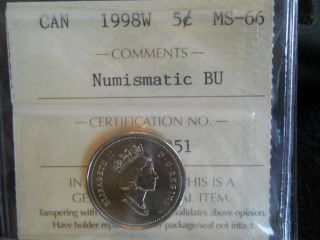 1998 W Canada Five Cent Coin,  Iccs Ms - 66 Numismatic Brilliant Uncirculated photo