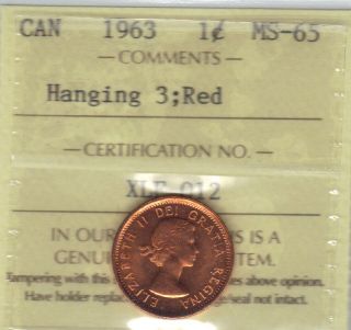 1963 Hanging 3 Canada 1 Cent Iccs Ms65 Gem Rare Beauty photo