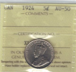 1924 Canada 5 Cent Iccs Au50 Rare Beauty photo
