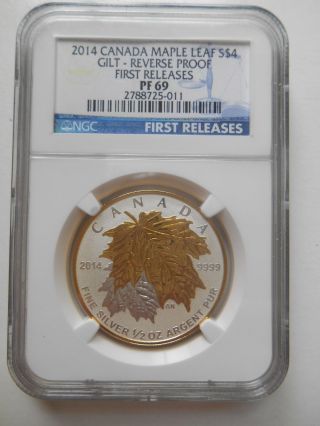 2014 NGC PF69 REVERSE PROOF GILT CANADA MAPLE LEAF FIRST RELEASE $5