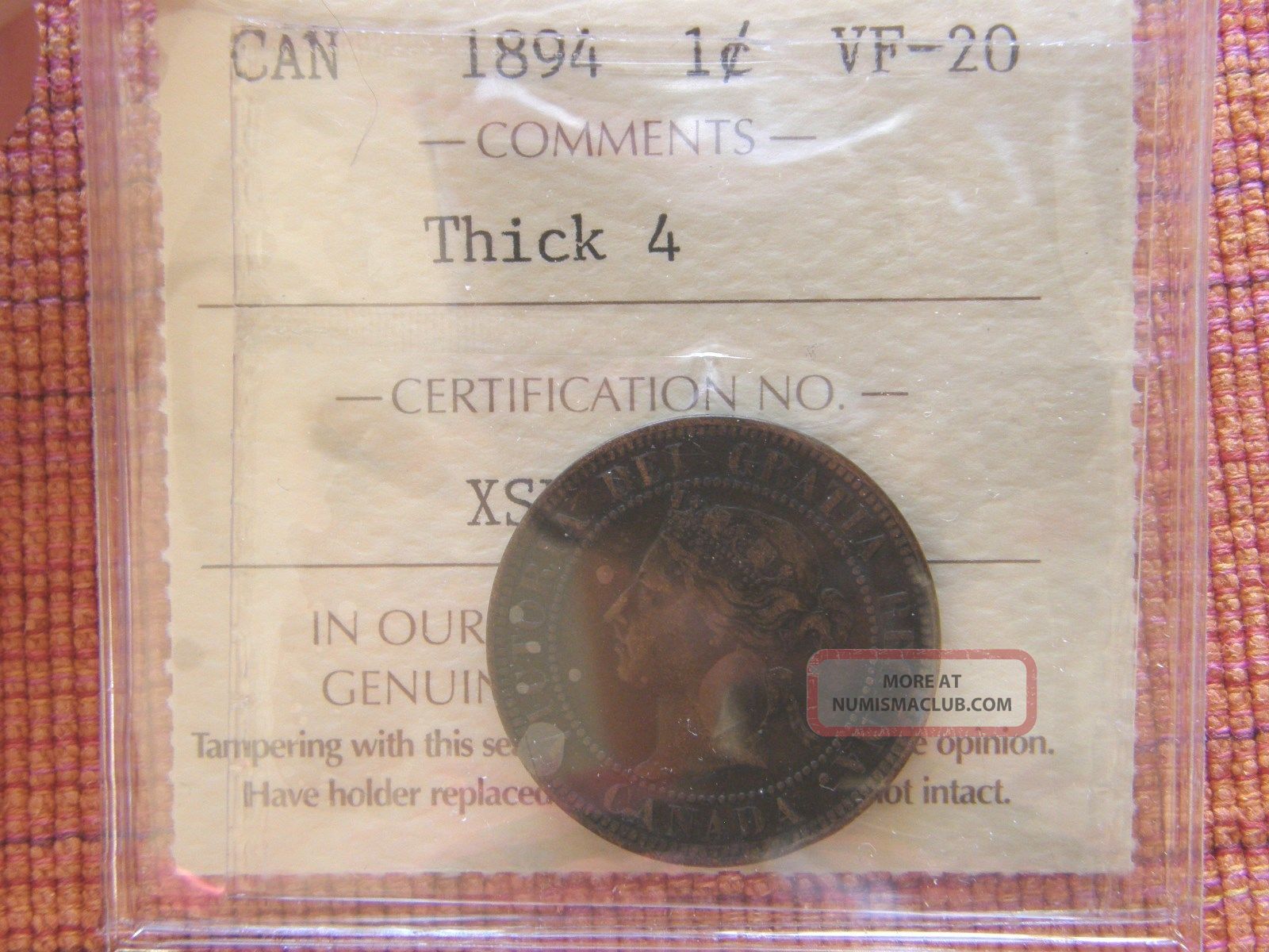 1894 Thick 4 Canada Large Cent Penny Graded By Iccs Vf 20 Coins: Canada photo