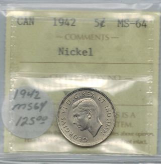 Canada 1942 5 Cent Nickel Gem Unc Iccs Ms 64 photo