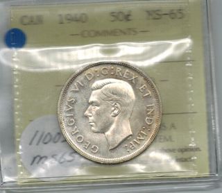 Canada 1940 50 Cents Half Dollar Silver Graded Iccs Ms 65 Gem Unc photo