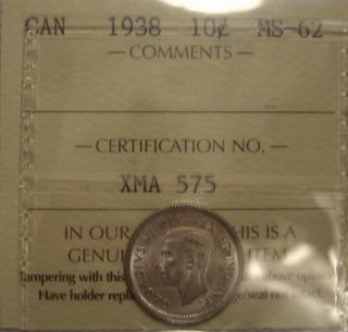 Canada George Vi 1938 Silver Ten Cents - Iccs Ms - 62 (xma575) photo