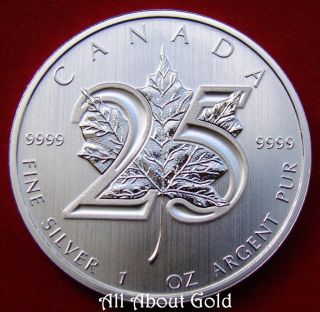 Silver Coin 1 Oz 2013 Canada Canadian Maple Leaf.  9999 Fine 25th Anniversary Bu photo