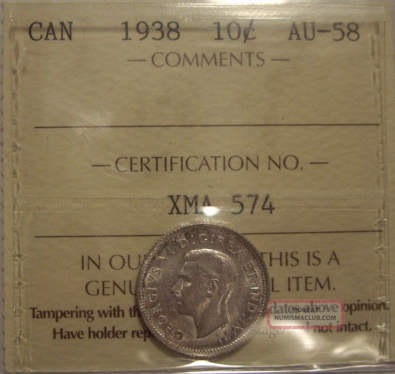 Canada George Vi 1938 Silver Ten Cents - Iccs Au - 58 (xma574) Coins: Canada photo