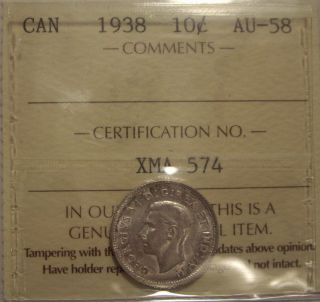 Canada George Vi 1938 Silver Ten Cents - Iccs Au - 58 (xma574) photo