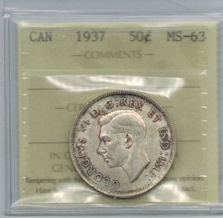 Canada 50 Cents 1937 George Vi Silver Iccs Ms 63 Half Dollar photo
