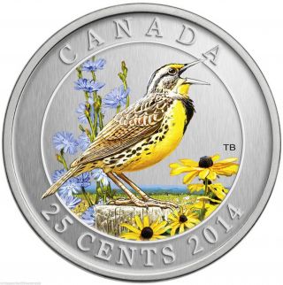 Canada 2014 Eastern Meadowlark 25 Cent Colored Bird Coin,  Case,  Certificate,  Cover photo