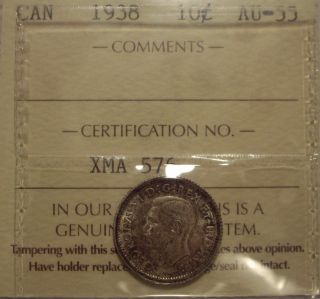 Canada George Vi 1938 Silver Ten Cents - Iccs Au - 55 (xma576) photo