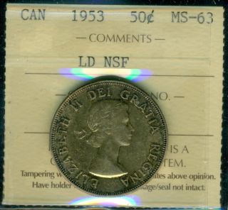 1953 Large Date,  No Shoulder Strap,  Canada Fifty Cent Piece Iccs Certified Ms - 63 photo