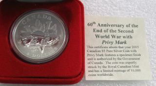 2005 Canada Silver 5 Dollars 60th Anniversary Of The End Ww Ii Maple Leaf Privy photo