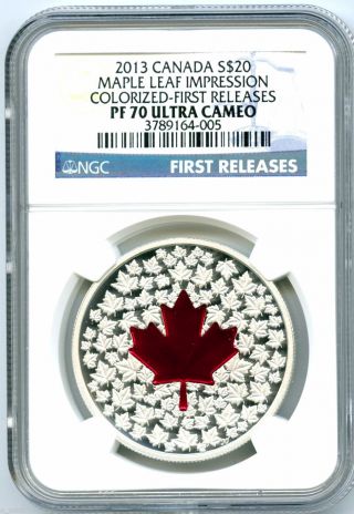 2013 Canada $20 Silver Proof Maple Leaf Impression Ngc Pf70 Colorized Red Enamel photo