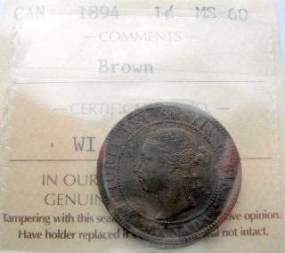1894 Large Cent Iccs Ms - 60 Brown Scarce Date Key Unc Queen Victoria Penny photo