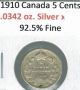 1910 Canada King George V Silver 5 Cents.  925 Fine Silver 104 Year Old Coin Coins: Canada photo 2