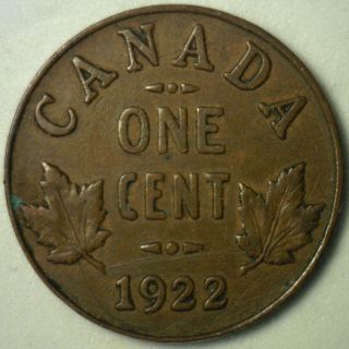 1922 Canadian Copper Small Cent Coin Canada One Cent Very Good Vg Y1 photo
