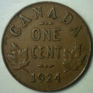 1924 Canadian Copper Small Cent Coin Canada One Cent Fine F photo